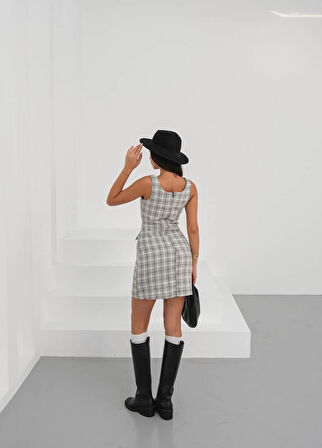 Askılı ch kumaş düğmeli elbise gribeyaz h265007