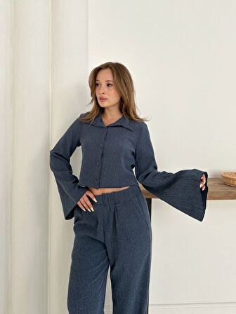 Gömlek yaka kaplama düğmeli takım lacivert st265866