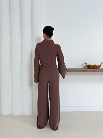 Gömlek yaka kaplama düğmeli takım kahve st265866