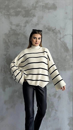 Çizgili ispanyol kol triko boğazlı kazak beyaz elf