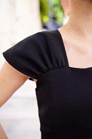 U yaka prenses elbise siyah s255101