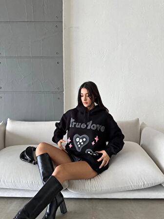 3 iplik şardonlu oversize compact true baskılı sweat siyah