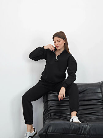 3 iplik içi Şardonlu yarım fermuarlı alt üst takım siyah