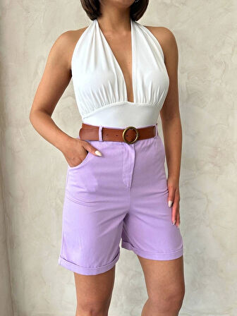 Kemerli gabardin şort lila s25735