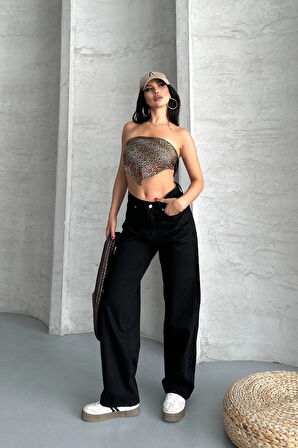 Palazzo straight enzim süper taş yıkama jeans pantolon siyah d2008