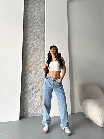 Baggy kar yıkama orta mavi jeans pantolon d2007