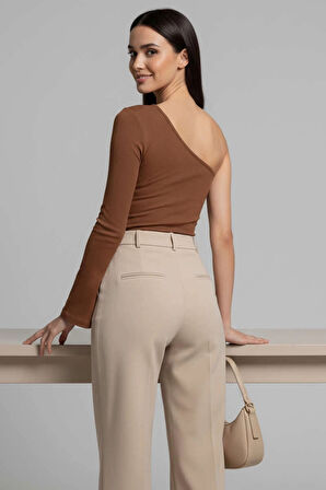 Tek Omuzlu Basic Bluz kahve T4275