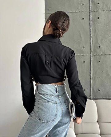 Yanı kemer detaylı crop gömlek siyah s4009