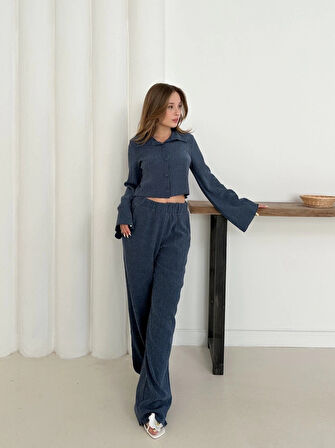 Gömlek yaka kaplama düğmeli takım lacivert st265866