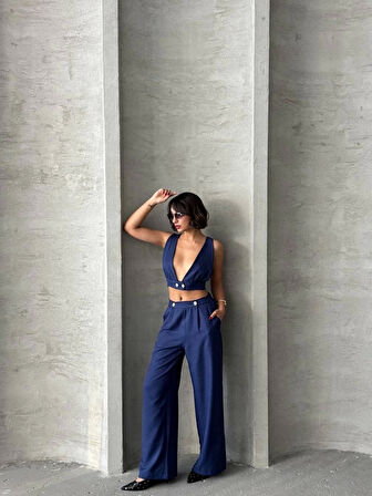 Crop pantolon keten takım s255012