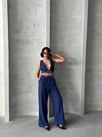 Crop pantolon keten takım s255012