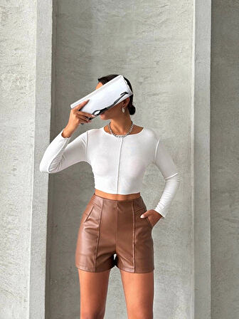 Parçalı cepli deri şort taba w26312