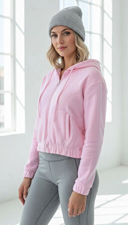 3 iplik şardonlu Kapşonlu fermuarlı kısa üst pembe pat8590