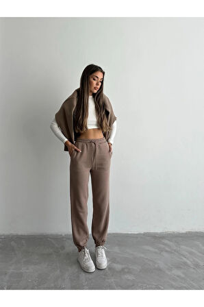 3 iplik şardonlu paça lastikli eşofman vizon is001