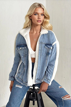 Kürklü kot ceket mavi t7009