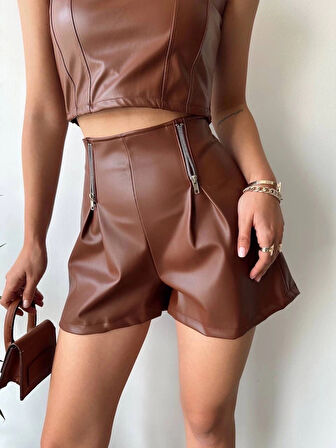 Çift fermuarlı deri şort kahve h24394
