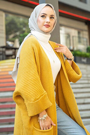 Yarasa kol uzun triko hırka hardal