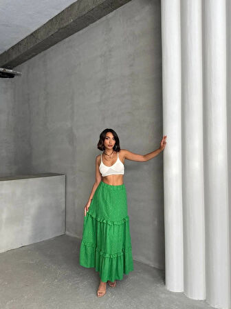 Fırfırlı brodeli astarlı uzun etek yeşil s255047