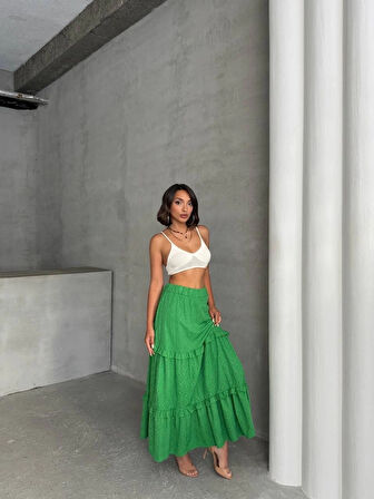 Fırfırlı brodeli astarlı uzun etek yeşil s255047