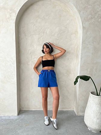 Armalı keten şort saks mavisi s251003