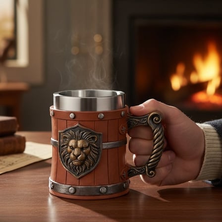 Aslan Temalı 3D Kabartmalı Paslanmaz Çelik Kupa Bardak