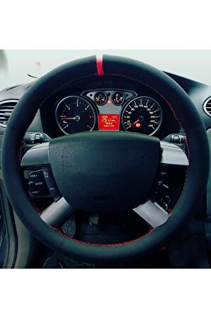 Ford Connect Uyumlu Dikmeli Direksiyon Kılıfı Kırmızı Yüzüklü Alkantara (NUBUK)