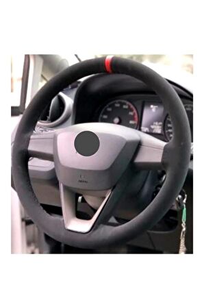 Seat Ibiza Uyumlu Alcantra-kırmızı Yüzüklü Dikmeli Direksiyon Kılıfı