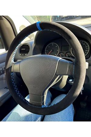 Vw Golf 4 Uyumlu Dikmeli Direksiyon Kılıfı Alkantra Mavi Yüzüklü