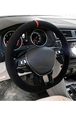 Vw Golf 6 Uyumlu Dikmeli Direksiyon Kılıfı Alkantra Kırmızı Yüzüklü