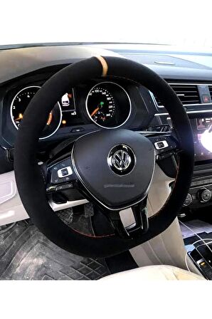 Vw Tiguan Dikmeli Direksiyon Kılıfı Alkantra Sarı Yüzüklü