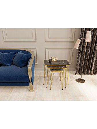 Alpa Ev Mobilya Dikdörtgen Gold Ayaklı 3’lü Zigon Sehpa Modern Metal Ayaklı Yan Sehpa 