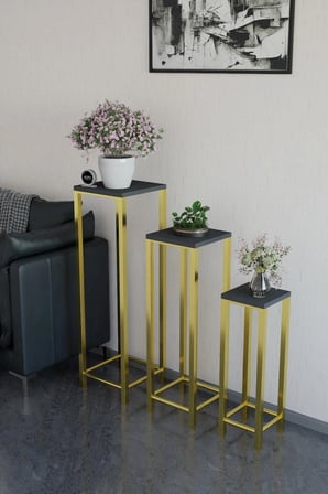Alpa Ev Mobilya Gold Ayaklı 3’lü Saksı Standı, Metal Profil Ayaklı Çok Amaçlı Dekoratif Saksılık & Yan Sehpa