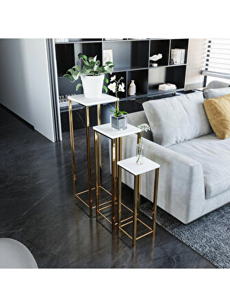 Alpa Ev Mobilya Gold Ayaklı 3’lü Saksı Standı, Metal Profil Ayaklı Çok Amaçlı Dekoratif Saksılık & Yan Sehpa