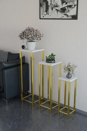 Alpa Ev Mobilya Gold Ayaklı 3’lü Saksı Standı, Metal Profil Ayaklı Çok Amaçlı Dekoratif Saksılık & Yan Sehpa