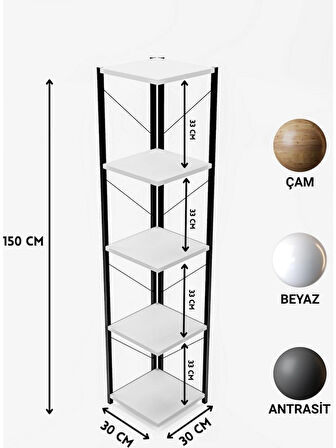 Alpa Ev Mobilya 5 Katlı Kare Raflı Metal Köşe Raf, Dekoratif Kitaplık ve Saksılık ,Modern Endüstriyel Tasarım