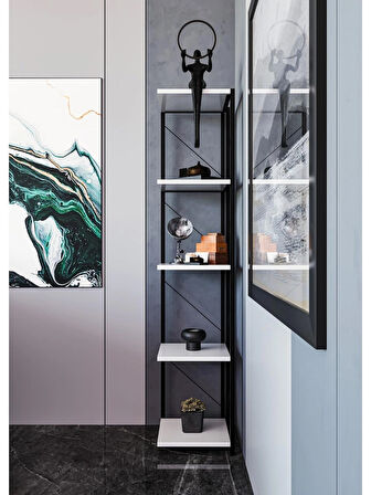 Alpa Ev Mobilya 5 Katlı Kare Raflı Metal Köşe Raf, Dekoratif Kitaplık ve Saksılık ,Modern Endüstriyel Tasarım