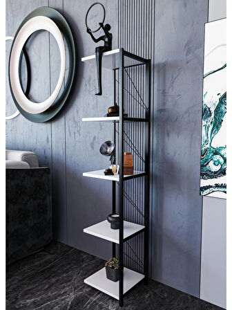 Alpa Ev Mobilya 5 Katlı Kare Raflı Metal Köşe Raf, Dekoratif Kitaplık ve Saksılık ,Modern Endüstriyel Tasarım