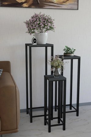 Alpa Ev Mobilya Dekoratif 3’lü Siyah Metal Ayaklı Saksı Standı ve Yan Sehpa Seti,Modern Çiçeklik Takımı, Salon & Balkon Bitki Sehpası