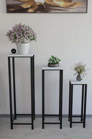 Alpa Ev Mobilya Dekoratif 3’lü Siyah Metal Ayaklı Saksı Standı ve Yan Sehpa Seti,Modern Çiçeklik Takımı, Salon & Balkon Bitki Sehpası