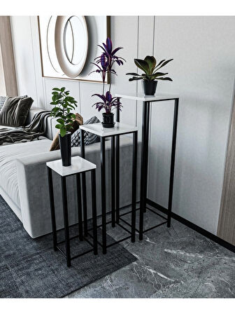 Alpa Ev Mobilya Dekoratif 3’lü Siyah Metal Ayaklı Saksı Standı ve Yan Sehpa Seti,Modern Çiçeklik Takımı, Salon & Balkon Bitki Sehpası