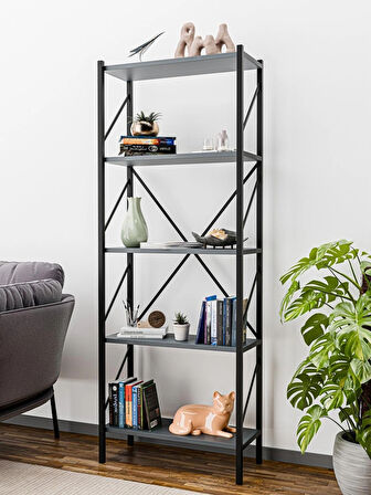 Alpa Ev Mobilya 5 Katlı Metal Kitaplık ,Modern Endüstriyel Raf Ünitesi, Dekoratif Açık Raflı Kitaplık, Ofis ve Salon Düzenleyici 150 cm