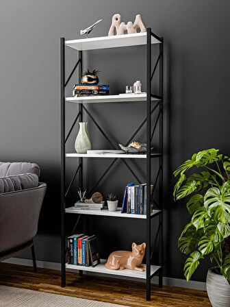 Alpa Ev Mobilya 5 Katlı Metal Kitaplık ,Modern Endüstriyel Raf Ünitesi, Dekoratif Açık Raflı Kitaplık, Ofis ve Salon Düzenleyici 150 cm