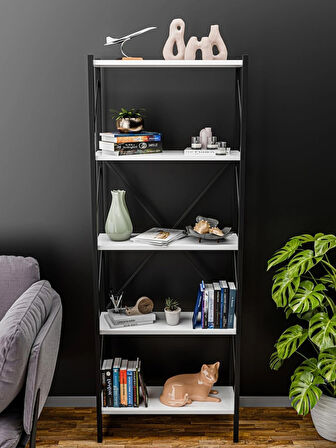 Alpa Ev Mobilya 5 Katlı Metal Kitaplık ,Modern Endüstriyel Raf Ünitesi, Dekoratif Açık Raflı Kitaplık, Ofis ve Salon Düzenleyici 150 cm