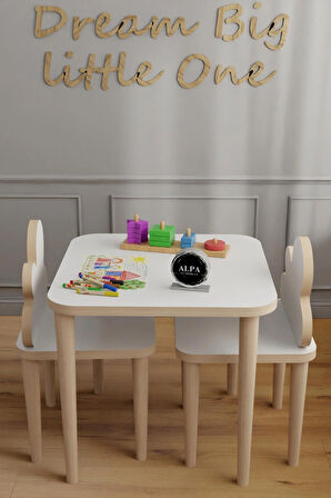 Alpa Ev Mobilya Çocuk Masası, 2-5 Yaş Oyun ve Aktivite Masası, Silinebilir Yüzeyli MDF Lam Çocuk Masa Sandalye Takımı, Montessori Tarzı Doğal Ahşap Ayaklı 3’lü Set
