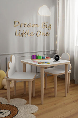 Alpa Ev Mobilya Çocuk Masası, 2-5 Yaş Oyun ve Aktivite Masası, Silinebilir Yüzeyli MDF Lam Çocuk Masa Sandalye Takımı, Montessori Tarzı Doğal Ahşap Ayaklı 3’lü Set