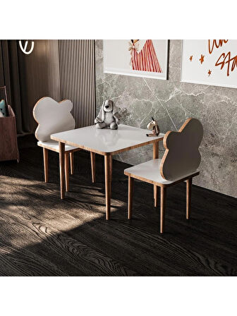 Alpa Ev Mobilya Çocuk Masası, 2-5 Yaş Oyun ve Aktivite Masası, Silinebilir Yüzeyli MDF Lam Çocuk Masa Sandalye Takımı, Montessori Tarzı Doğal Ahşap Ayaklı 3’lü Set