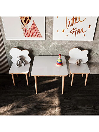 Alpa Ev Mobilya Çocuk Masası, 2-5 Yaş Oyun ve Aktivite Masası, Silinebilir Yüzeyli MDF Lam Çocuk Masa Sandalye Takımı, Montessori Tarzı Doğal Ahşap Ayaklı 3’lü Set