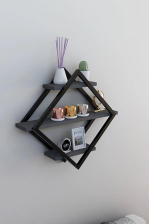 Alpa Ev Mobilya Baklava Desenli 3 Katlı Duvar Rafı ,Metal Çerçeveli Dekoratif Kitaplık, Modern Duvar Rafı, Salon ve Ofis Duvar Dekoru