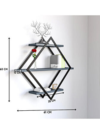 Alpa Ev Mobilya Baklava Desenli 3 Katlı Duvar Rafı ,Metal Çerçeveli Dekoratif Kitaplık, Modern Duvar Rafı, Salon ve Ofis Duvar Dekoru