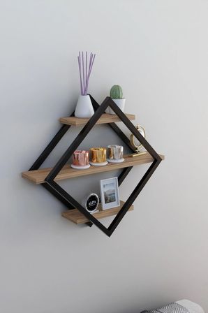 Alpa Ev Mobilya Baklava Desenli 3 Katlı Duvar Rafı ,Metal Çerçeveli Dekoratif Kitaplık, Modern Duvar Rafı, Salon ve Ofis Duvar Dekoru